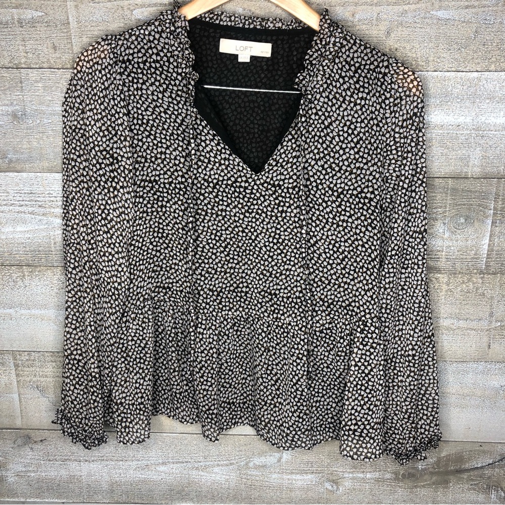 Ann Taylor Loft XSP black white ruffle botton top